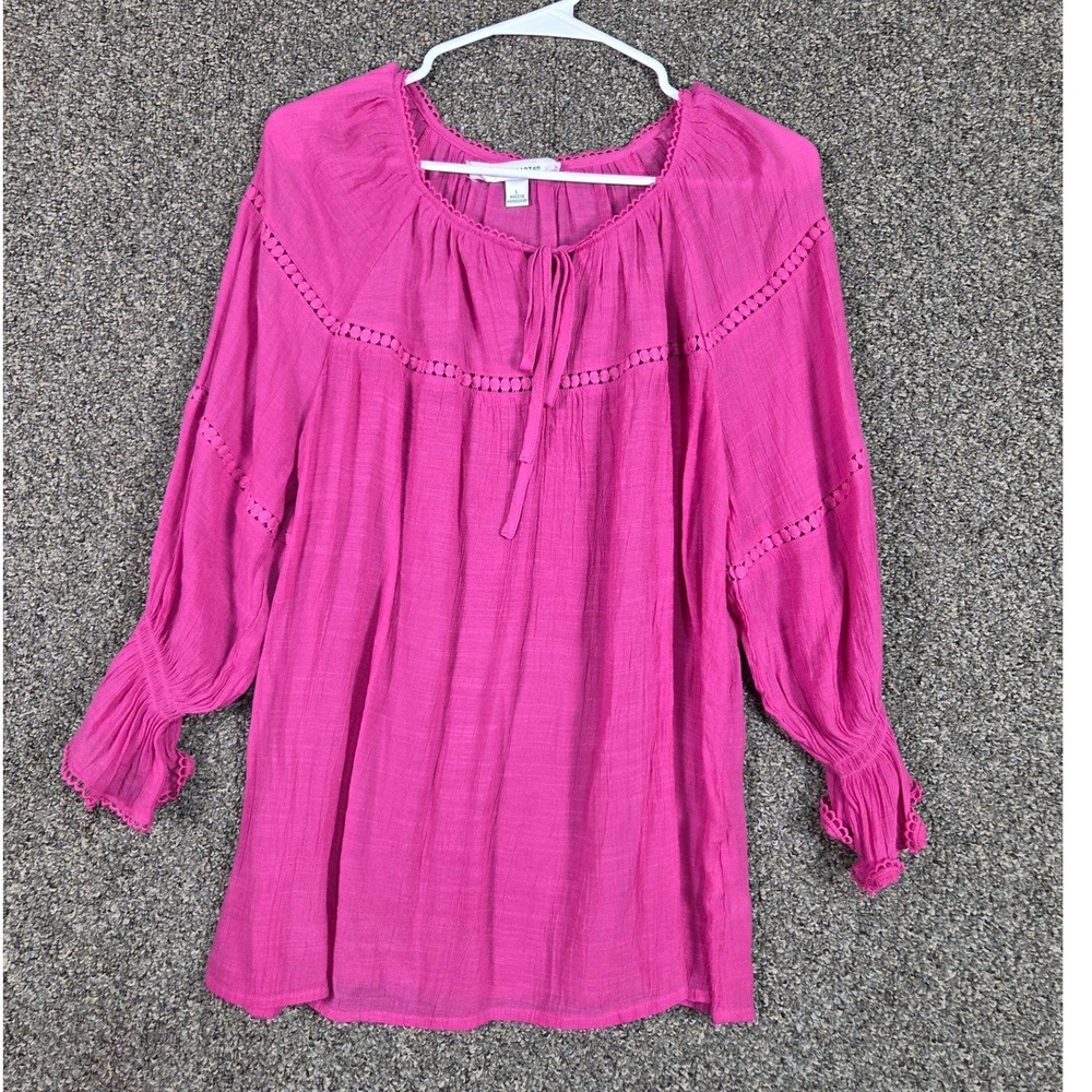 Counterparts Blouse Womens Large Pink Crochet Trim Long Sleeve Boho 91180945HA